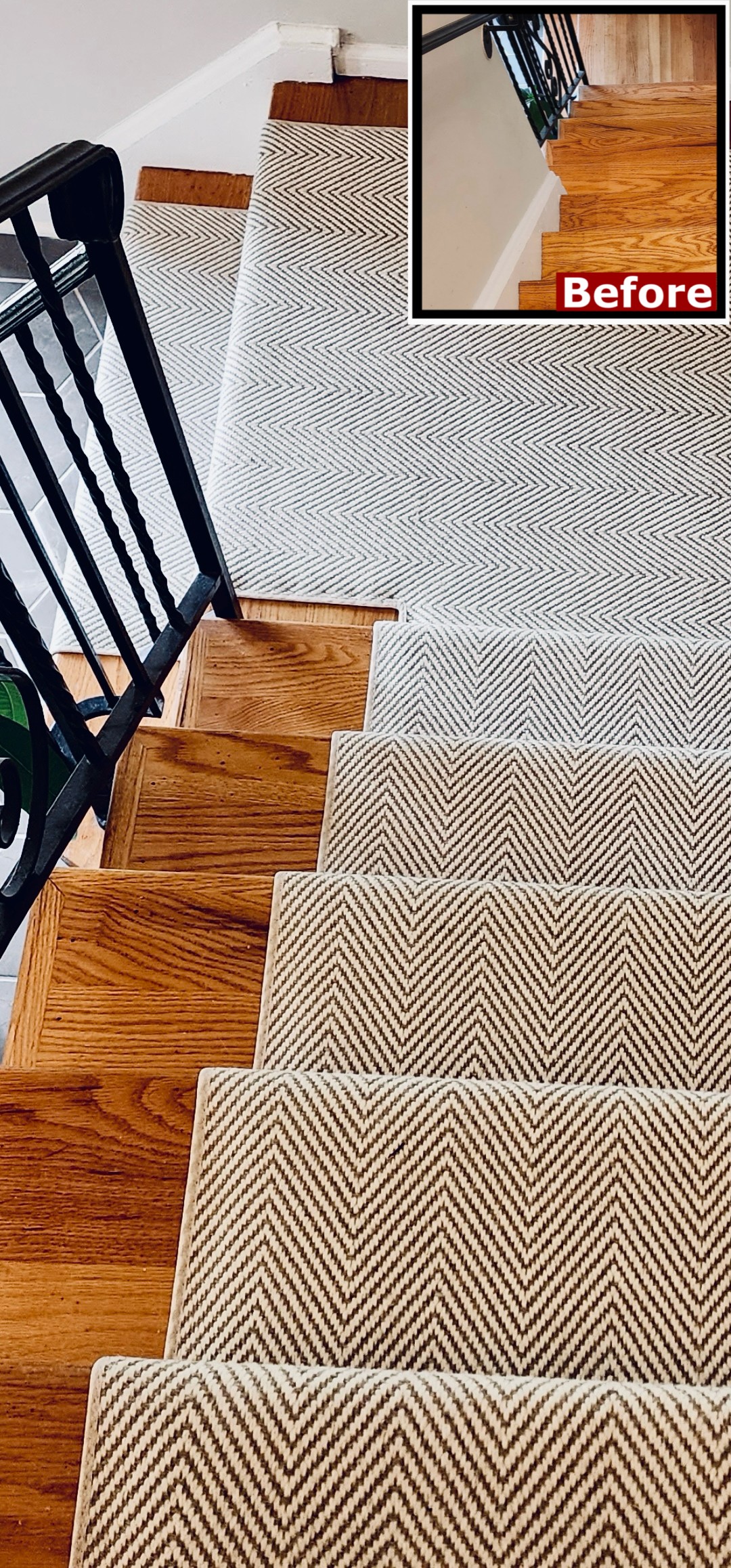 Herringbone runner installed on hardwood stairs with exposed wood visible along both sides