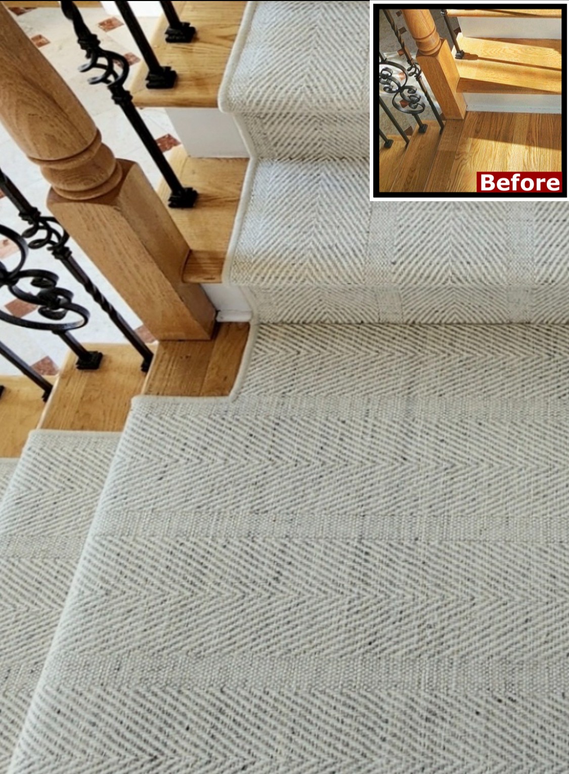 Custom herringbone stair runner installed across a landing between staircase sections