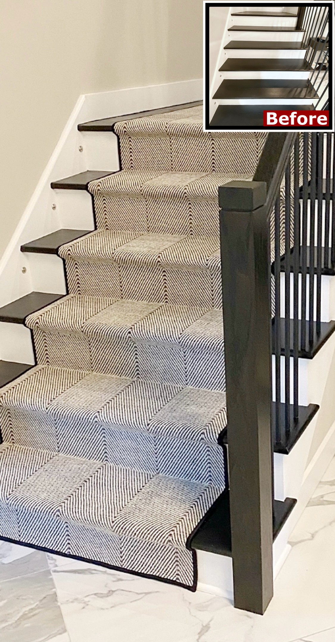 Light herringbone stair runner finished with a contrasting dark carpet border