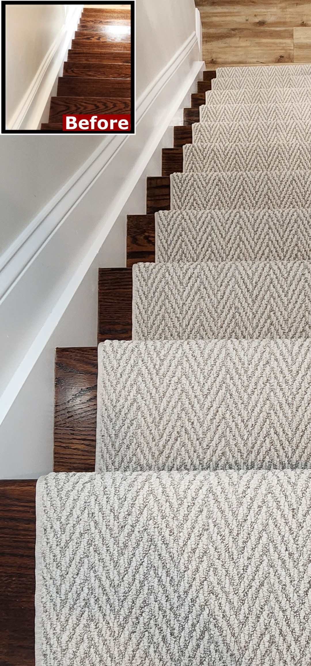 Close-up of a neutral herringbone stair runner showing the woven V-shaped carpet pattern