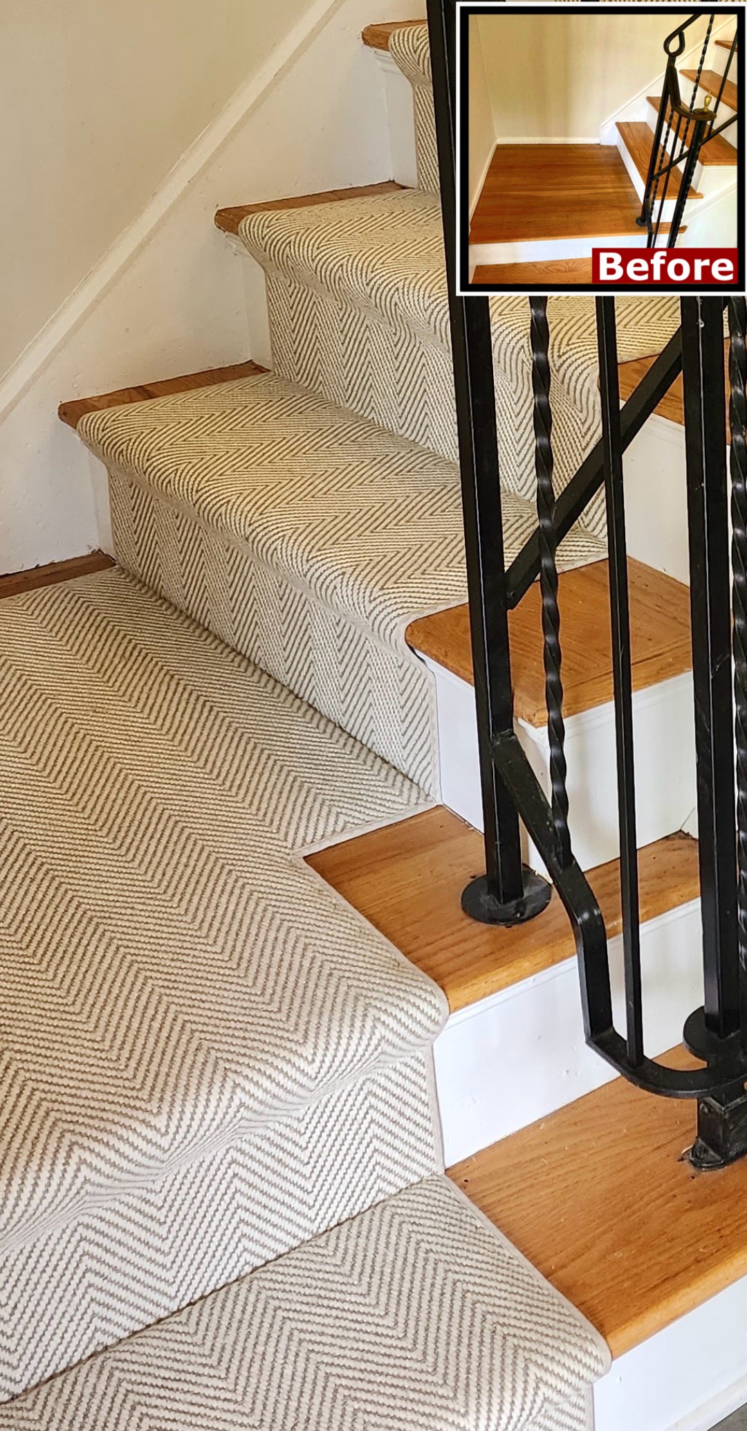 Custom herringbone stair runner installed on angled and turning staircase steps