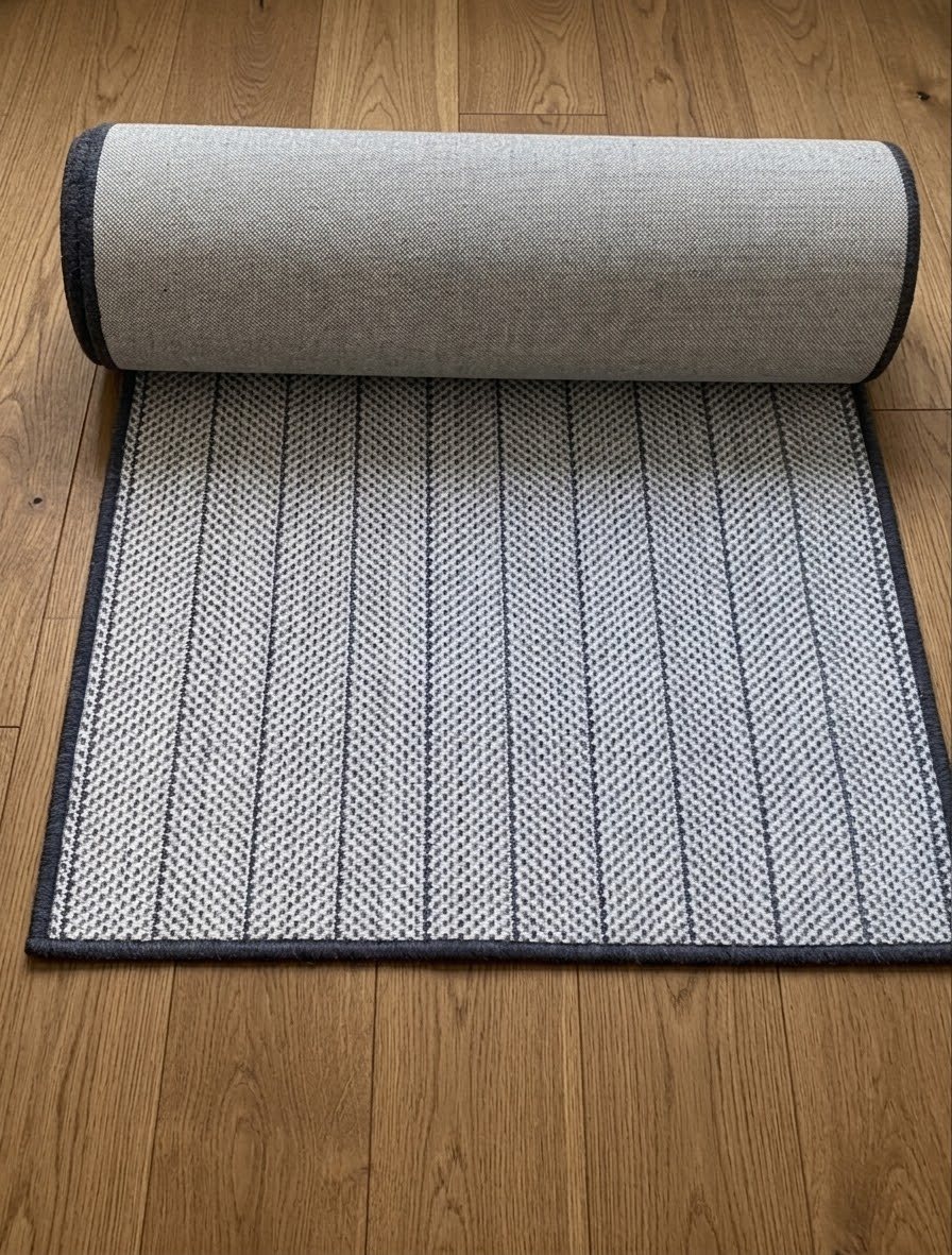 Rolled neutral stair runner with dark border and subtle linear pattern