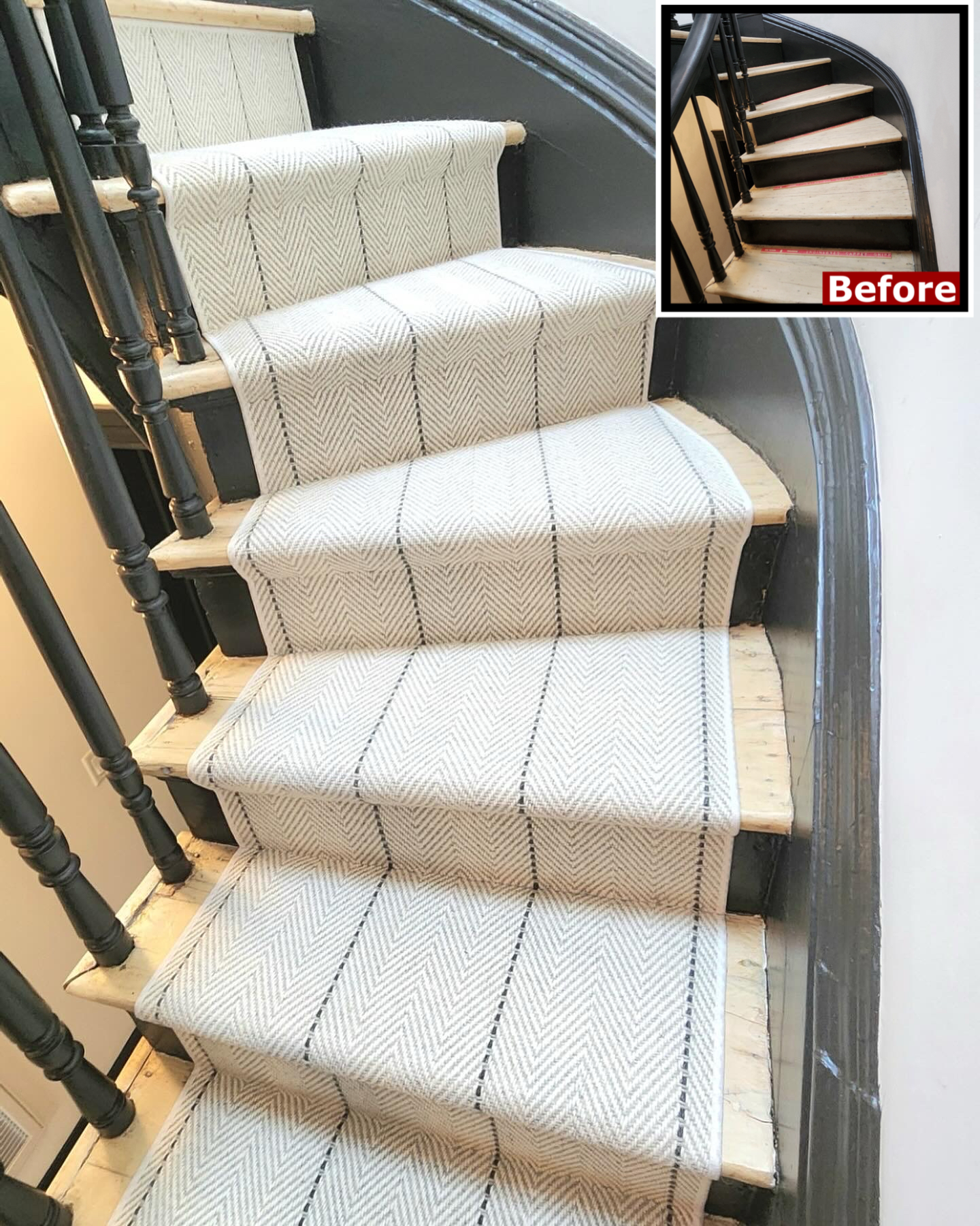 Custom wool stair runner installed on turning and winder staircase